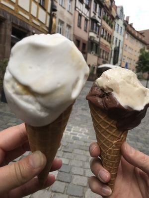 Coconut chaos with mango and roasted almonds + dark chocolate.   at Die Kleine Eismanufaktur in Nuremberg