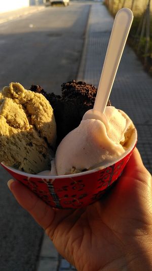 Vegan ice cream 
Chocolate-peanut-vanilla at Heladeria Italiana Soleluna in Chiclana De La Frontera