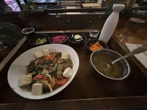 Jap chae with blanched tofu  at Mokban Korean Bistro in Providence