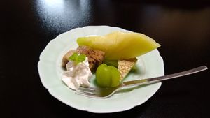 One of two desserts - cake, melon, grape, cream at Ungai in Matsushima