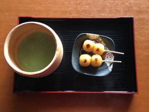 Matcha with mitarashi dango at Kanrantei Tea House in Matsushima