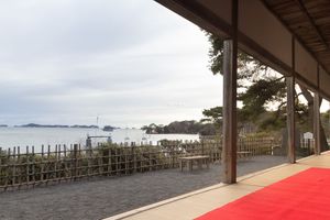 Depending on season you can sit on the red carpet in the front or further back at tables. at Kanrantei Tea House in Matsushima