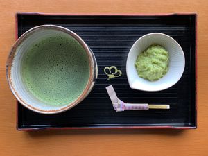 Sweetened edamame with mochi dessert at Kanrantei Tea House in Matsushima