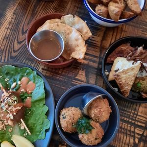 Kebabs with peanut sauce / arancini / oyster mushroom tacos / ginger and soy tofu at The Tipsy Vegan in Cambridge