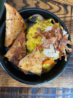 Ginger soy tofu and Indonesian rice with coconut sambal  at The Tipsy Vegan in Cambridge