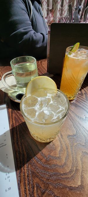 Trouble in the Orchid ( front ) Twisted Dark and Stormy ( right ) peppermint tea ( left ) at The Tipsy Vegan in Cambridge