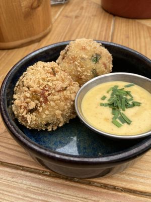 Bacon arancini balls with maple sauce   at The Tipsy Vegan in Cambridge