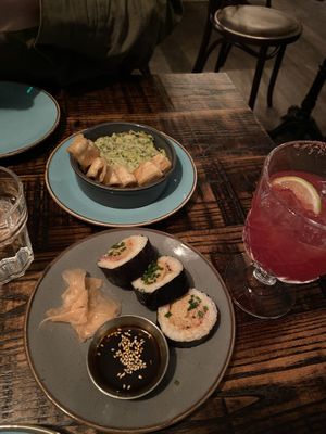 Spinach & artichoke dip with tortillas and vegan sushi  at The Tipsy Vegan in Cambridge