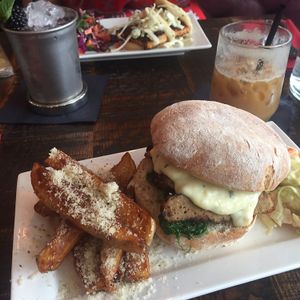Steak sandwich, herby parmesan chips, american slaw. Incredible. My friend had the Korean bao buns, which were to die for !!! 10/10  at The Tipsy Vegan in Cambridge
