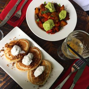 Brunch menu items! Mexicana hash and maple bacon pancakes! Deeeelicious at The Tipsy Vegan in Cambridge