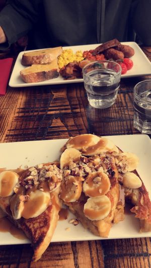 Vegan full English and their incredible french toast - think this was hazelnut and toffee! at The Tipsy Vegan in Cambridge