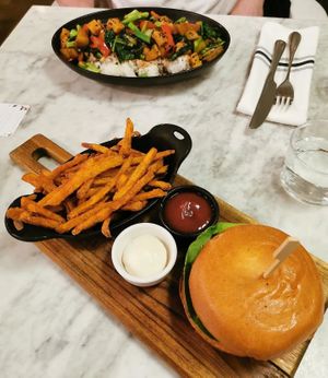 crispy mushroom burger + sweet potato fries at LOV - Montagne in Montreal