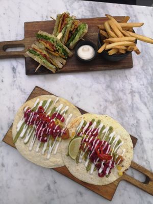 Tacos and club sandwich with  French fries at LOV - Montagne in Montreal