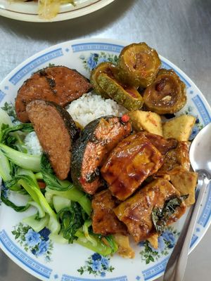 Buffet plate (vegan mock meat fish was particularly tasty) at Dharma Realm Guan Yin Sagely Monastery in Kuala Lumpur