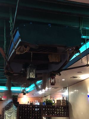 That’s a real boat on the ceiling  at Leona & 3 Brothers in Lynbrook