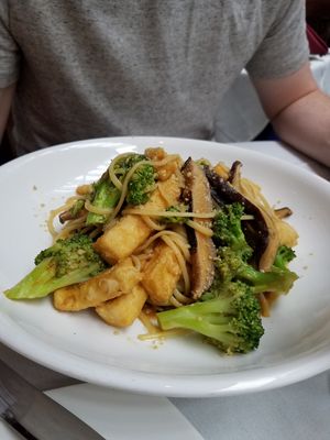 Italian-Asian fusion pasta special: linguini withmushrooms, broccoli, and tofu in an Asian-style sauce at Leona & 3 Brothers in Lynbrook