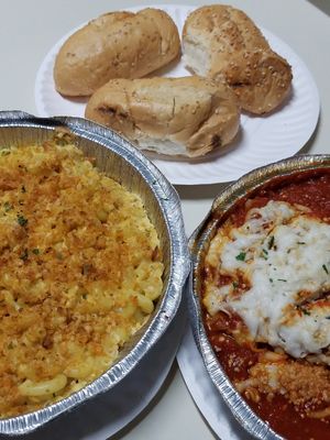 Vegan mac n cheese and veggie lasagna at Leona & 3 Brothers in Lynbrook