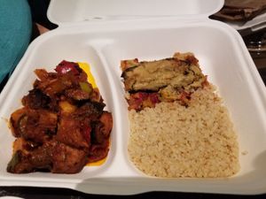 Tempeh with veggies, GF pizza with vegan cheese, quinoa at The Sacred in Zurich