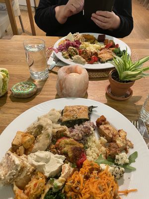 Plates from fully vegan buffet  at The Sacred in Zurich