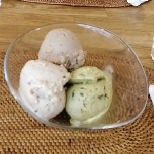 Hazelnut (top), pistachio (right) and salty almond (left) ice cream at The Sacred in Zurich