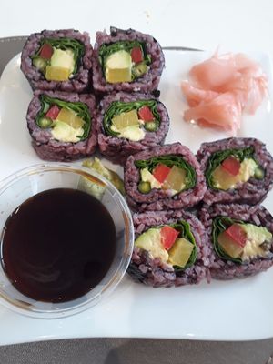 Sushi rolls with soy sauce, pickled ginger, and wasabi  at Kaya Vegan Foods in Surbiton