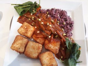 Crispy tofu with a curry and rice at Kaya Vegan Foods in Surbiton