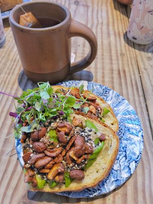 Grasshopper Toast and Breakfast Tea at The Harbinger Cafe & Bakery in Charleston