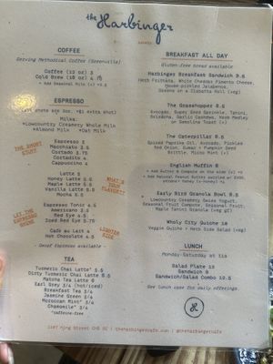Menu   at The Harbinger Cafe & Bakery in Charleston