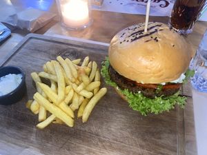 Vegan burger chips and sauce!! Immense!   at Carpe Diem in Zakynthos