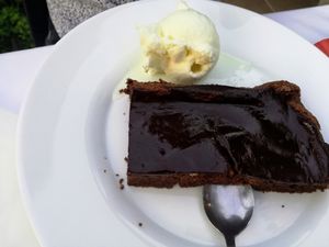 Vegetarian chocolate cake with vanilla ice cream. at Peppermint Fresh Kitchen in Zakynthos