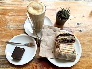brownie, soy latte, peanut tofu wrap  at My Deli Love  in Berlin