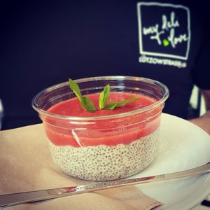 Chia pudding with strawberry rhubarb topping at My Deli Love  in Berlin
