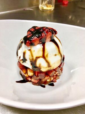 Burratina cheese with strawberry and apple salad at Mama's Picanteria in Sitges