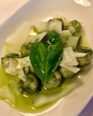 Homemade potato gnocchi with basil pesto  at Mama's Picanteria in Sitges