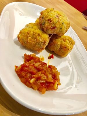 Homemade vegetable croquetas with spicy tomato chutney  at Mama's Picanteria in Sitges