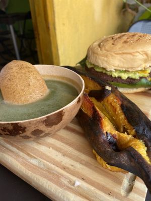 Spinach soup, burger, plantain  at Mar y Hojas Cocina Vegana in Cartagena