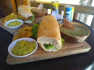 Vegan sandwich, soup, plantain chips w/guacamole! So good (as was the beer) at Mar y Hojas Cocina Vegana in Cartagena