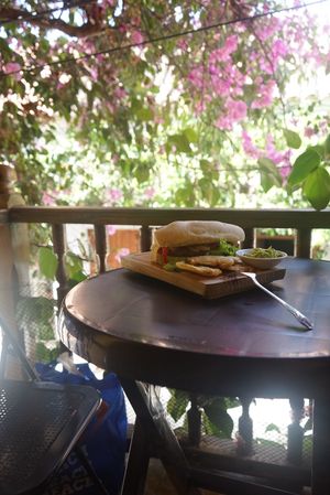Sandwich, lentil soup, guacamole and tostones at Mar y Hojas Cocina Vegana in Cartagena