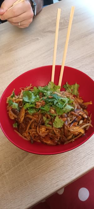 Udon noodles with shitake, tofu, veggies, sate sauce at Wokbar in Grenoble