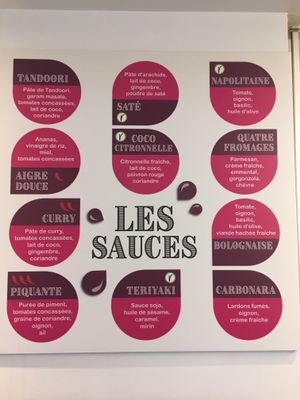 Sauce ingredients on wall at Wokbar in Grenoble