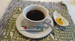 Sumatra coffee with agave sweetener and orange-ginger jam  at She's Green Boutique & Atelier in Sibiu
