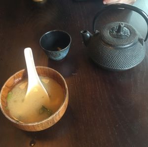 Miso soup and green tea at Wild Ginger in Brooklyn