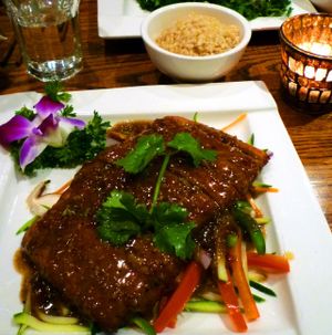 Tasty dinner: Citrus soy protein with veggies (if I remember correctly) at Wild Ginger in Brooklyn