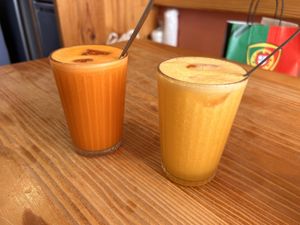 Orange 🍊 juice and carrot, strawberries 🍓, ginger orange 🍊 juice   at Goldig in Lagos