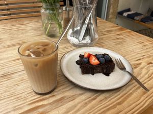 iced chai and brownie  at Goldig in Lagos