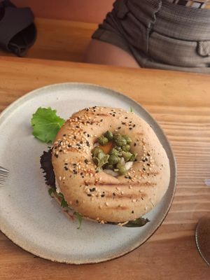 Bagel no. 2 (vegan carrot salmon, capers, greens and creme cheese) at Goldig in Lagos