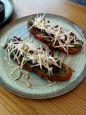 Vegan toast with pesto, dried tomatoes and vegan cheese at Goldig in Lagos