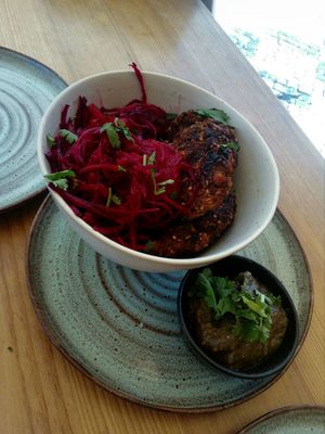 Falafels, babaganoush, and beetrot at Goldig in Lagos