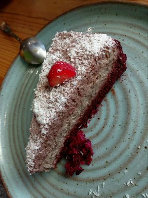 Sugar free raw coconut raspberry and chia cake (vegan!) at Goldig in Lagos