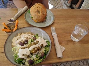 Salad & vegan smoked salmon bagel (it's very good!!) at Goldig in Lagos